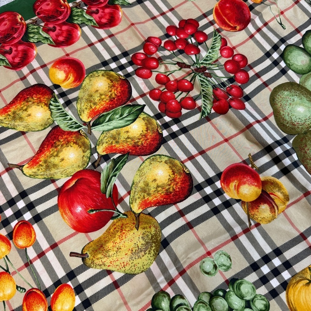 Burberry Vintage Novacheck Plaid Fruit Print Silk Scarf - Picture 4 of 8